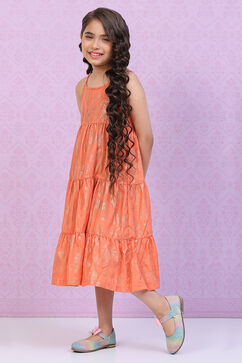 Orange Art Silk Tiered Printed Kurta image number 2