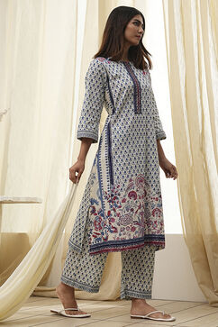 Off-White Cotton Printed Straight Suit Set image number 5