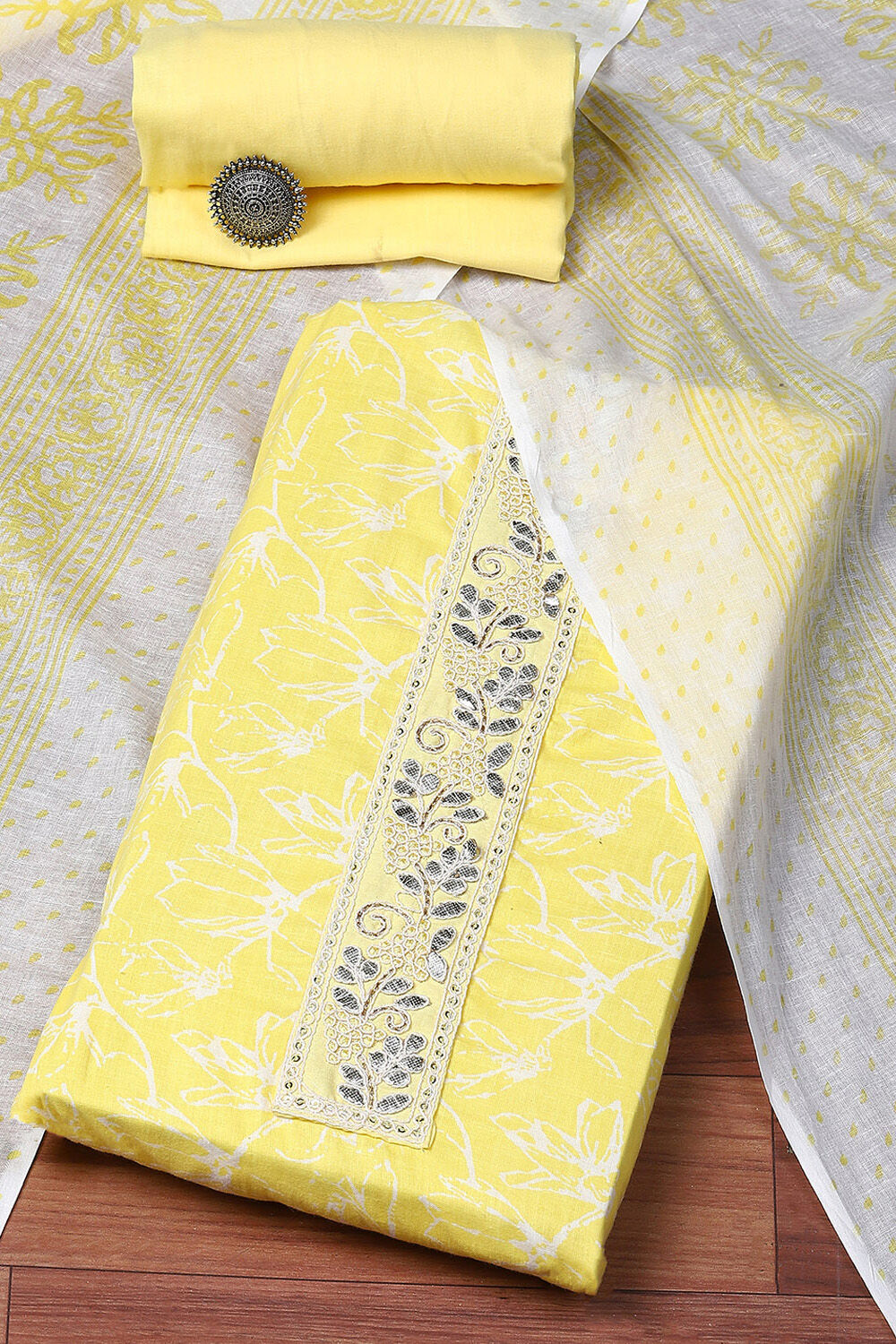 Yellow Cotton Hand Embroidered Unstitched Suit Set image number 0