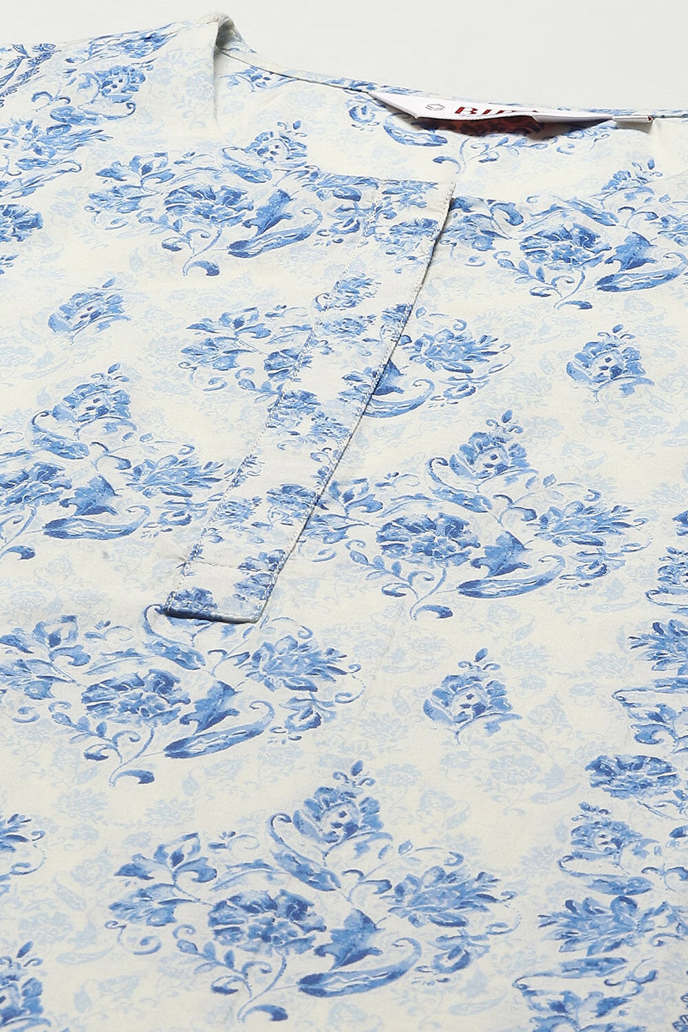 Off-White and Blue Cotton Floral Straight Suit Set image number 1