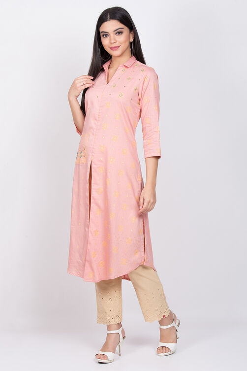 Peach Cotton Front Open Printed Kurta image number 2