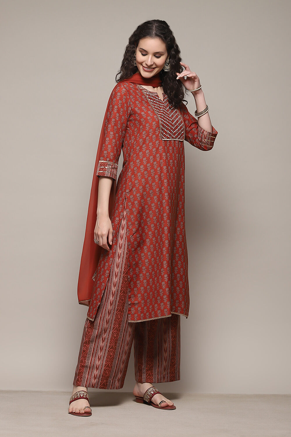 Teracota Poly Chiffon Straight Printed Kurta Palazzo Suit Set image number 6