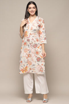 Off White Cotton Straight Kurta image number 5