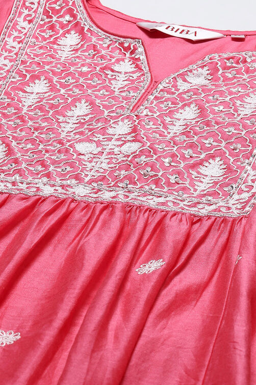 Bright Pink Cotton Blend Layered Kurta Salwar Suit Set image number 1