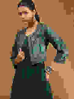 Emerald Green Silk Festive Tiered Anarkali Dress image number 1