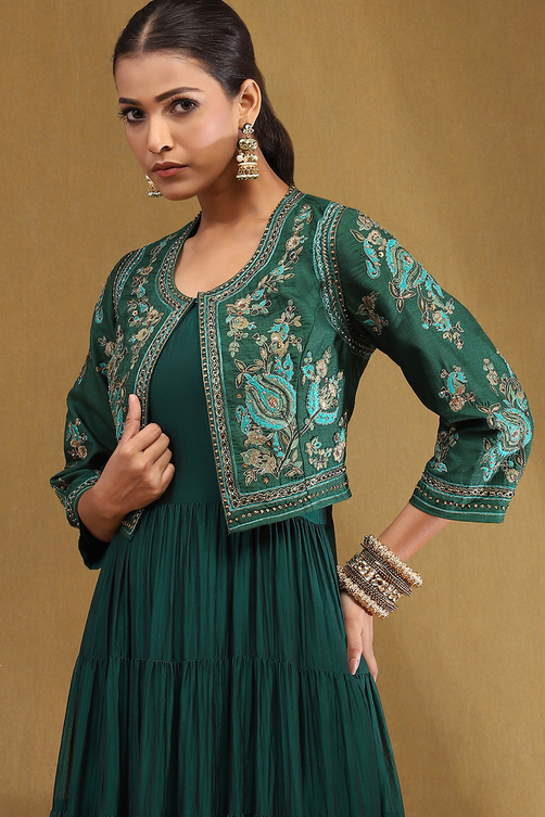 Emerald Green Silk Festive Tiered Anarkali Dress image number 1