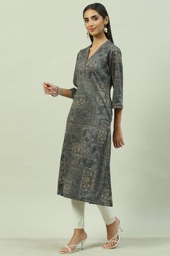 Olive Green Straight Printed Kurta image number 2