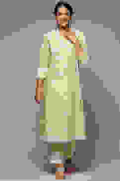 Green Cotton Straight Embroidered Kurta image number 5