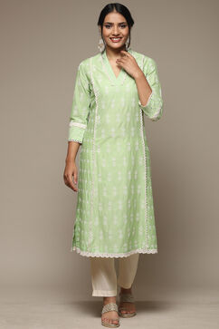 Green Cotton Straight Embroidered Kurta image number 5