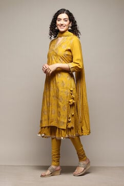 Lime Yellow Silk Layered Kurta Churidar Suit Set image number 4
