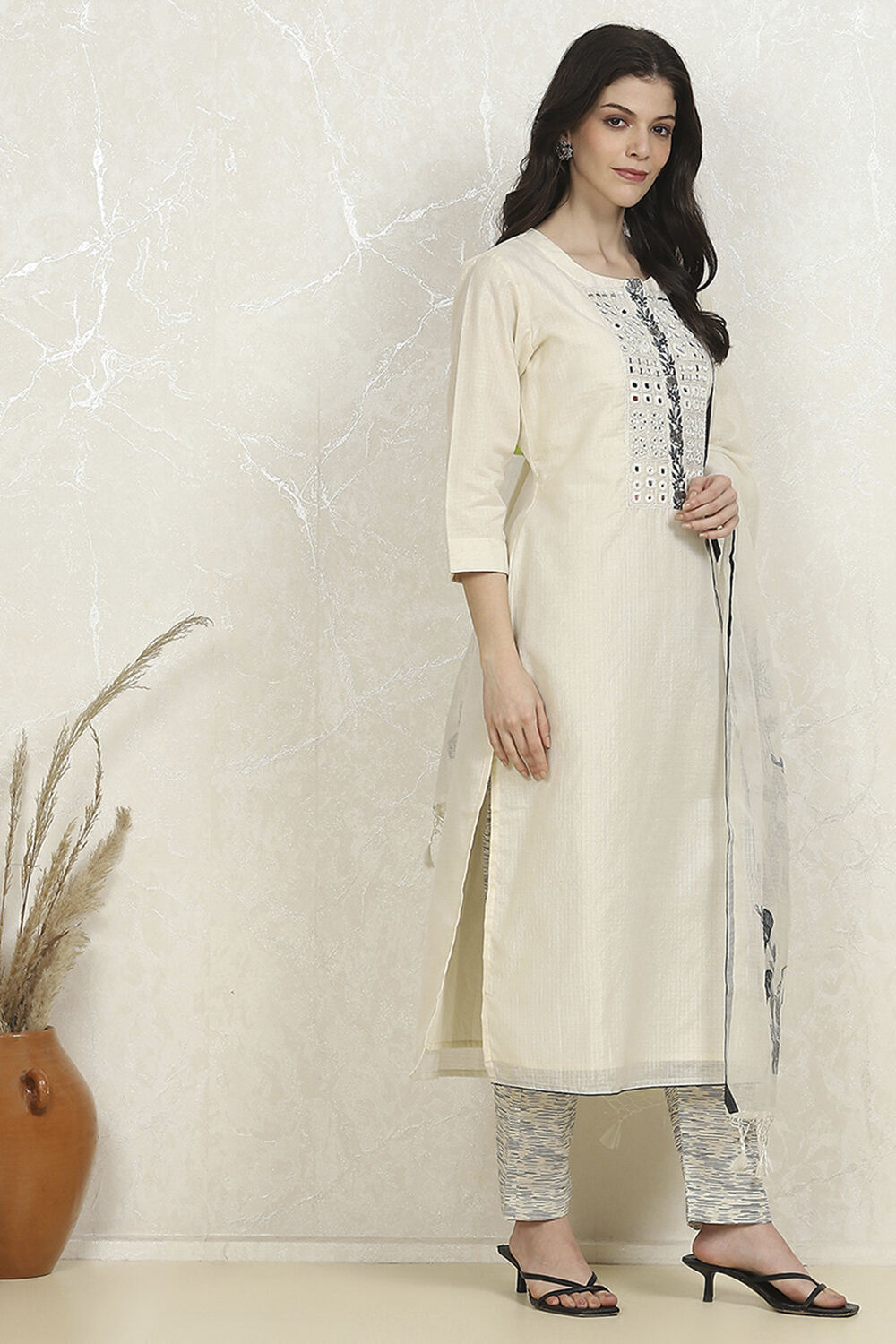 Off-White Cotton Machine Embroidered Unstitched Suit Set image number 6