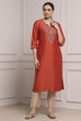 Burnt Orange Viscose Blend Solid Straight Kurta image number 5