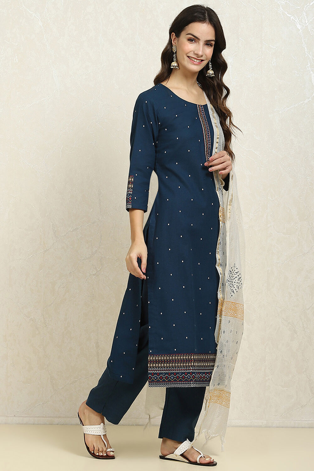 Yellow Cotton Handloom Unstitched Suit Set image number 6