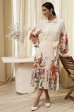 Beige Cotton Floral Shirt-Style Flared Dress image number 0