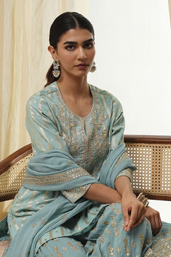 Powder Blue Embroidered Straight Suit Set image number 9