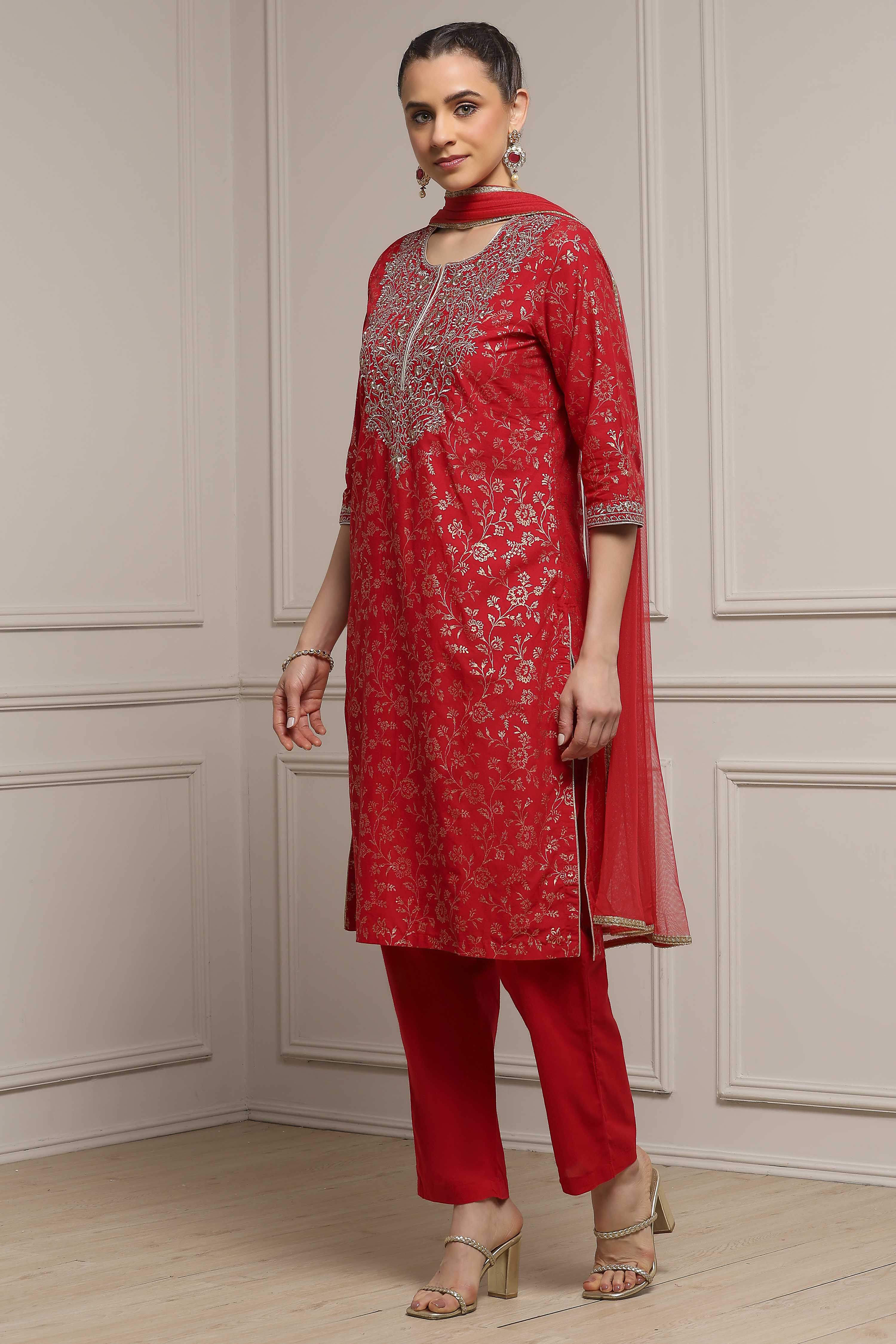 Maroon Cotton Printed Straight Suit Set image number 3