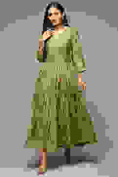 Green Cotton Blend Tiered Printed Dress image number 5