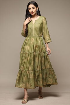 Green Cotton Blend Tiered Printed Dress image number 5