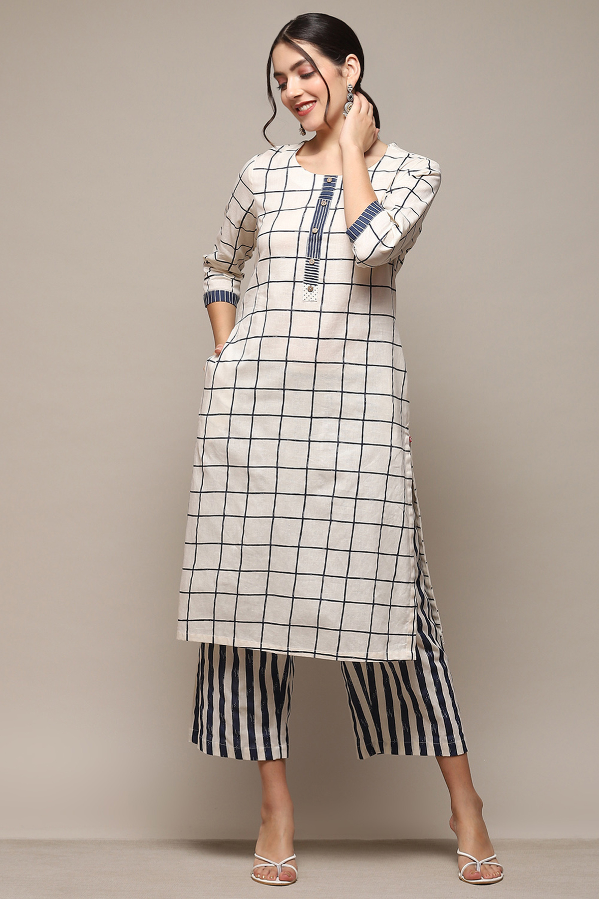Natural & Blue Cotton Flax Straight Kurta Palazzo Suit Set