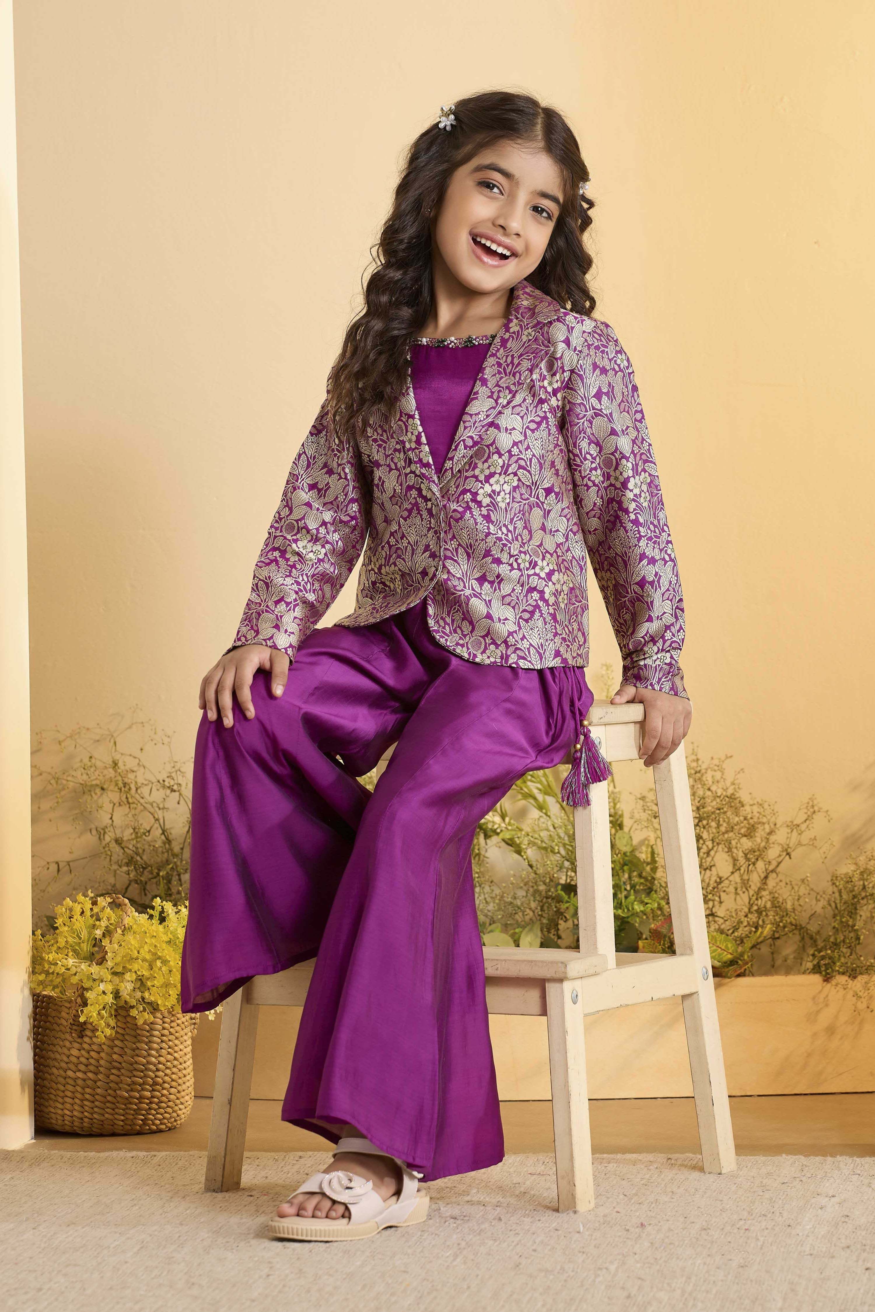 Purple Viscose Rayon Floral 3 Piece Co-ord Set image number 0