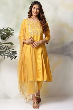 Mustard Viscose Kalidar Kurta Slim Pant Suit Set image number 0