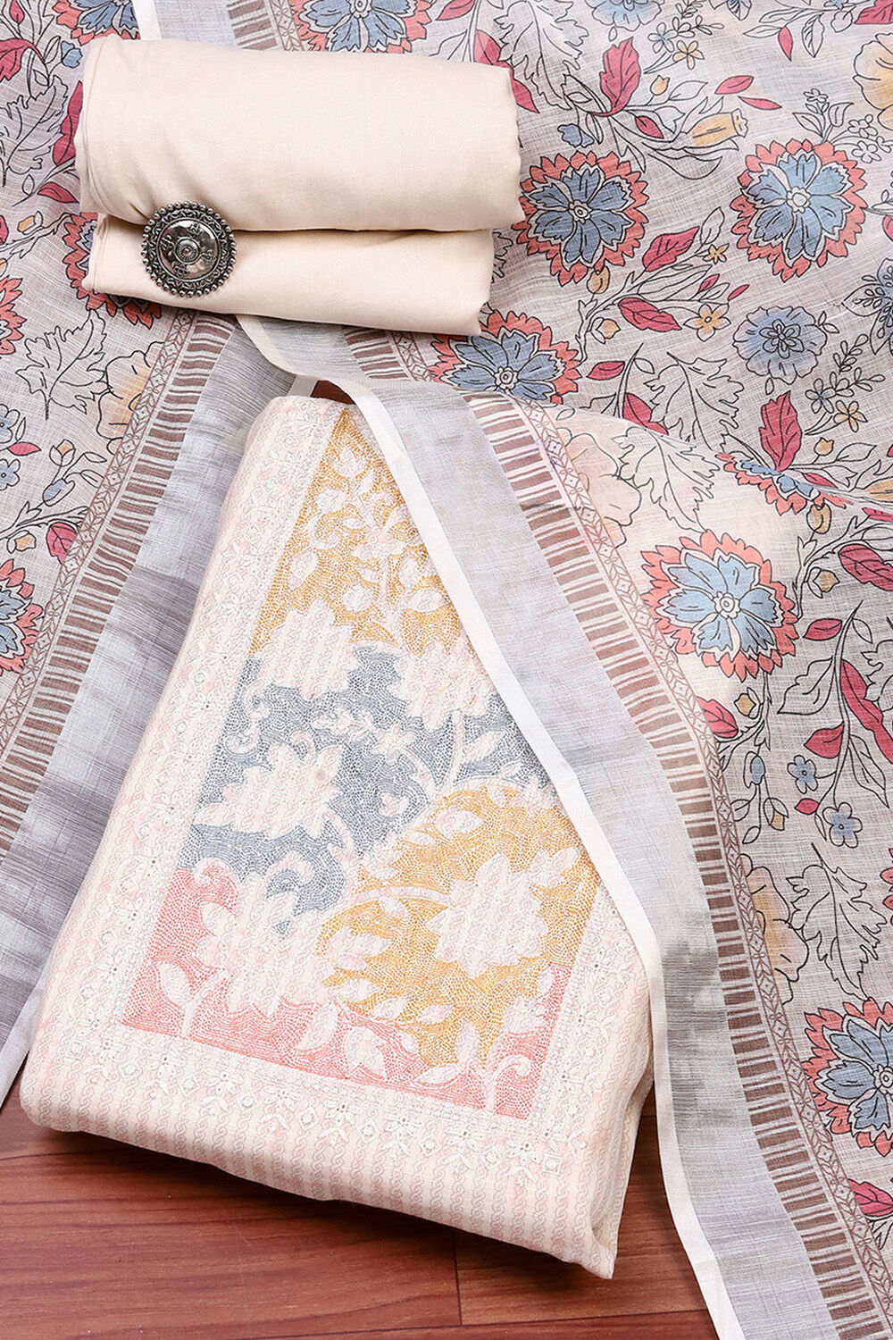 Cream Linen Blend Unstitched Suit Set image number 0