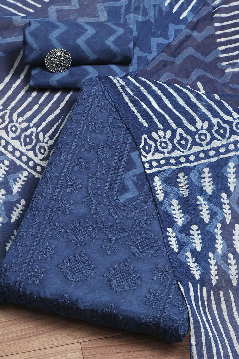 Blue Cotton Hand Embroidered Unstitched Suit Set image number 0