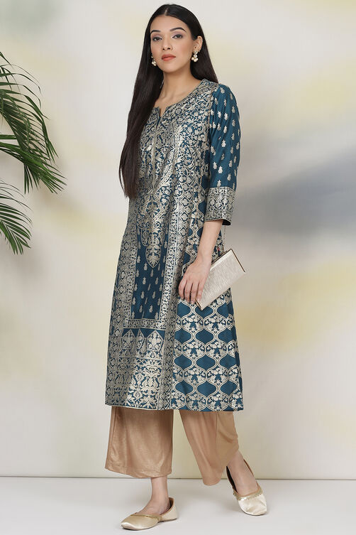 Teal Silk Straight Kurta image number 4