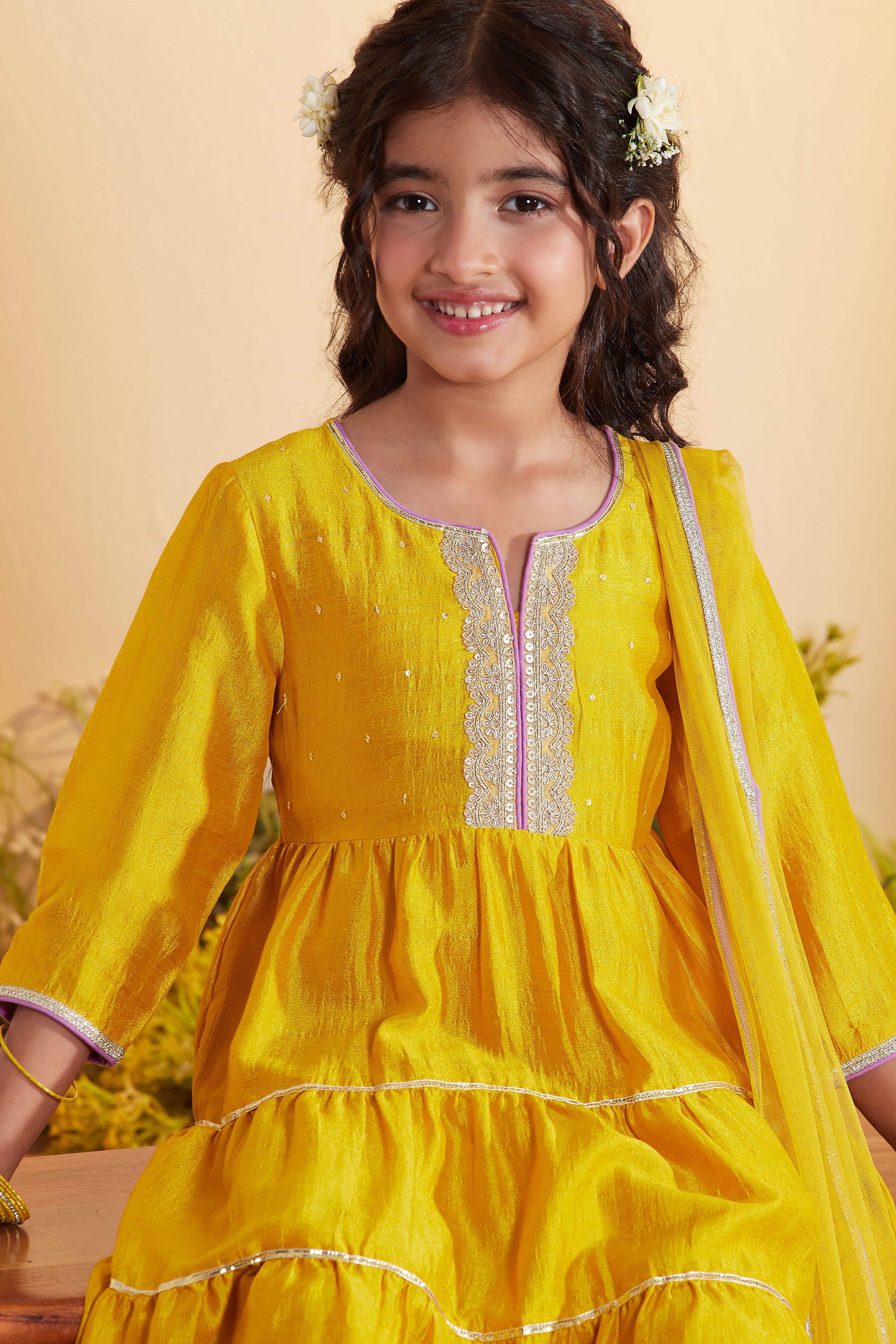 Yellow Viscose Silk Yoke Design Tiered Kurta Set image number 1