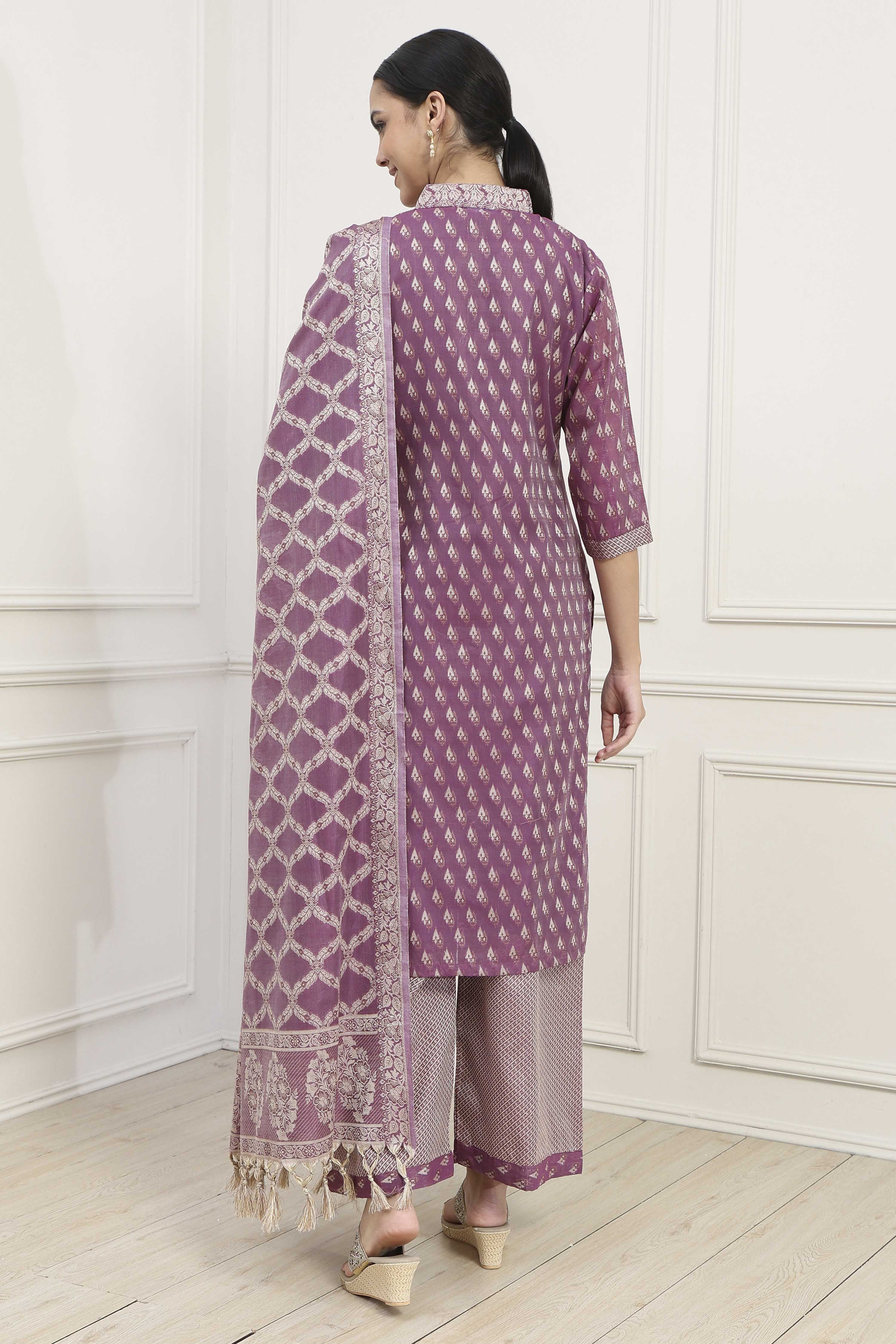 Mustard Chanderi Blend Brocade Unstitched Suit Set image number 5