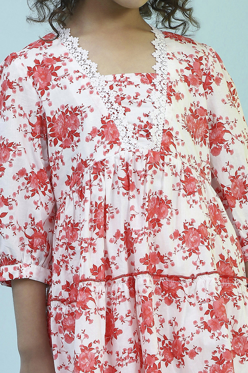 Red and White Cotton Floral Tiered Suit Set image number 1