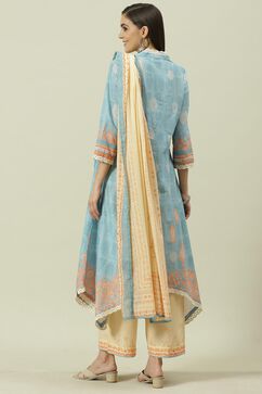 Pale Blue Printed Cotton Kalidar Suit Set image number 4