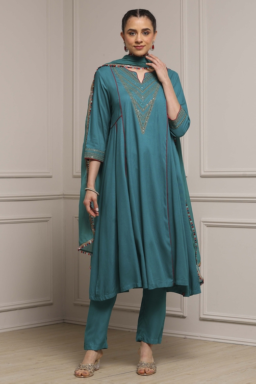 Teal Green Solid Kalidar Suit Set image number 6