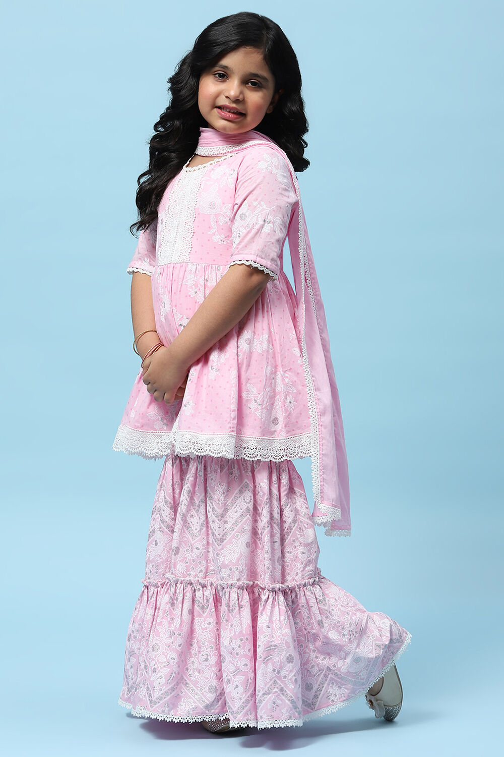 Pink Cotton Floral Printed Gathered Peplum Suit Set image number 4