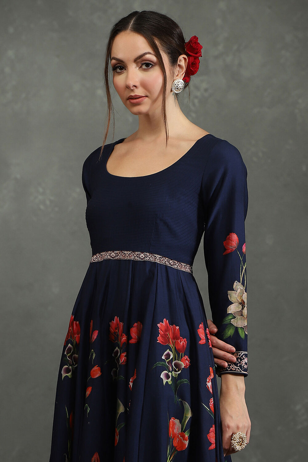 Rohit Bal Maroon Silk Chanderi Floral Anarkali Suit Set image number 1