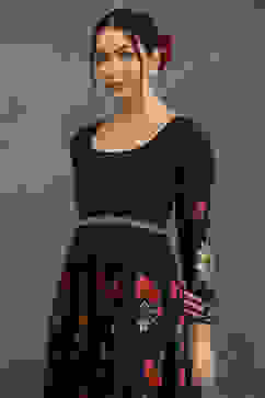 Rohit Bal Navy Blue Silk Chanderi Floral Anarkali Suit Set image number 1