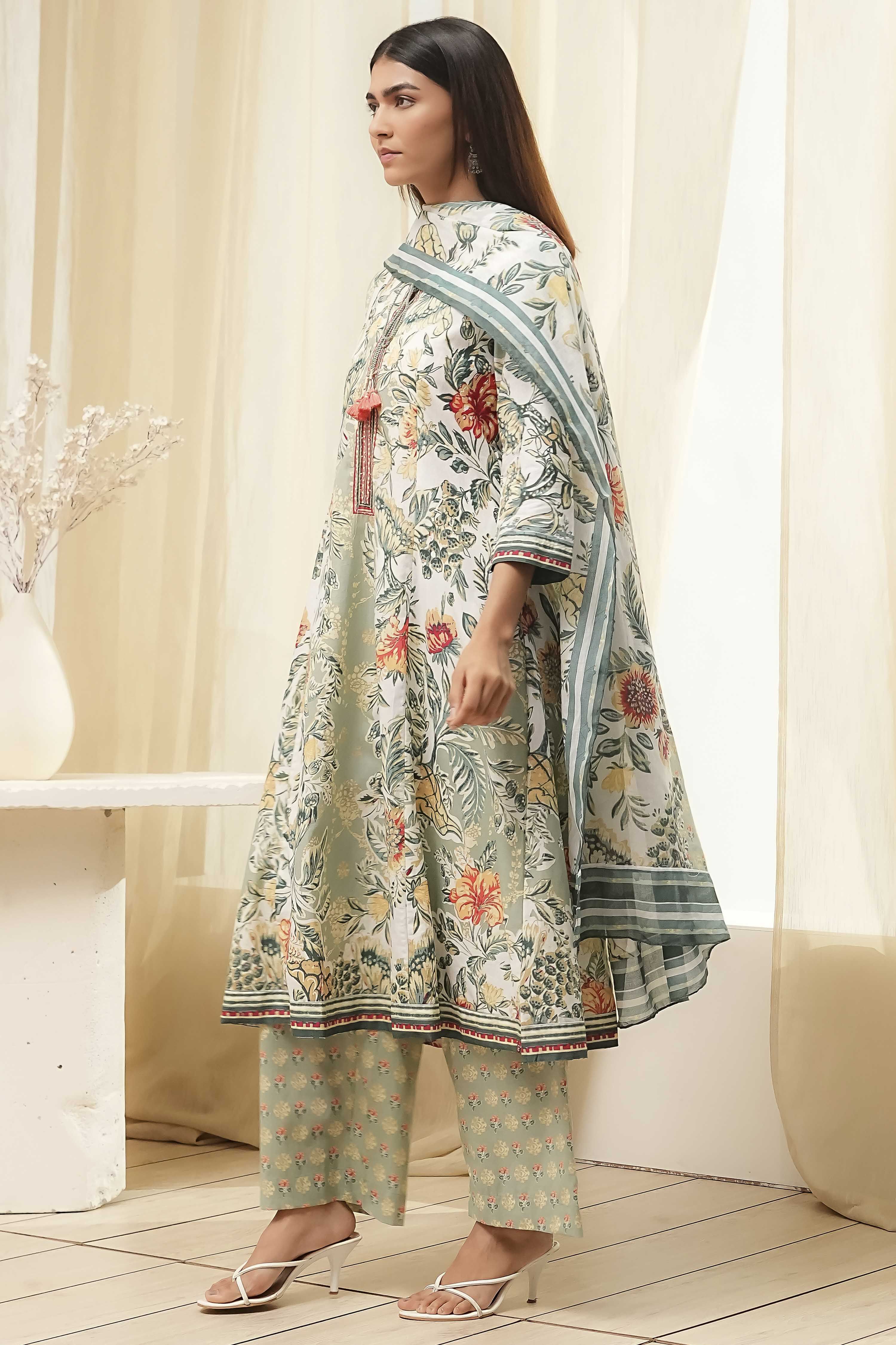 Sage Green Pure Cotton Floral Kalidar Suit Set image number 3