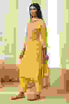 Yellow Embroidered Straight Suit Set image number 3