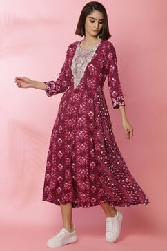 Magenta Rayon Flared Lace Printed Dress image number 0