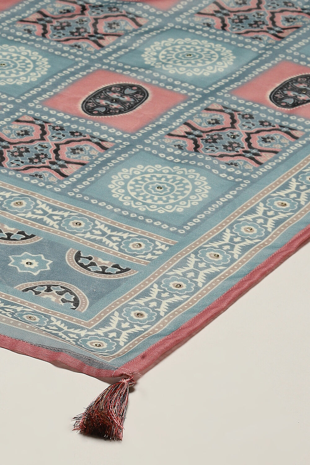 Peach Chanderi Machine Embroidered Unstitched Suit Set image number 8