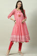 White And Pink Cotton Anarkali Kurta Churidar Suit Set image number 6