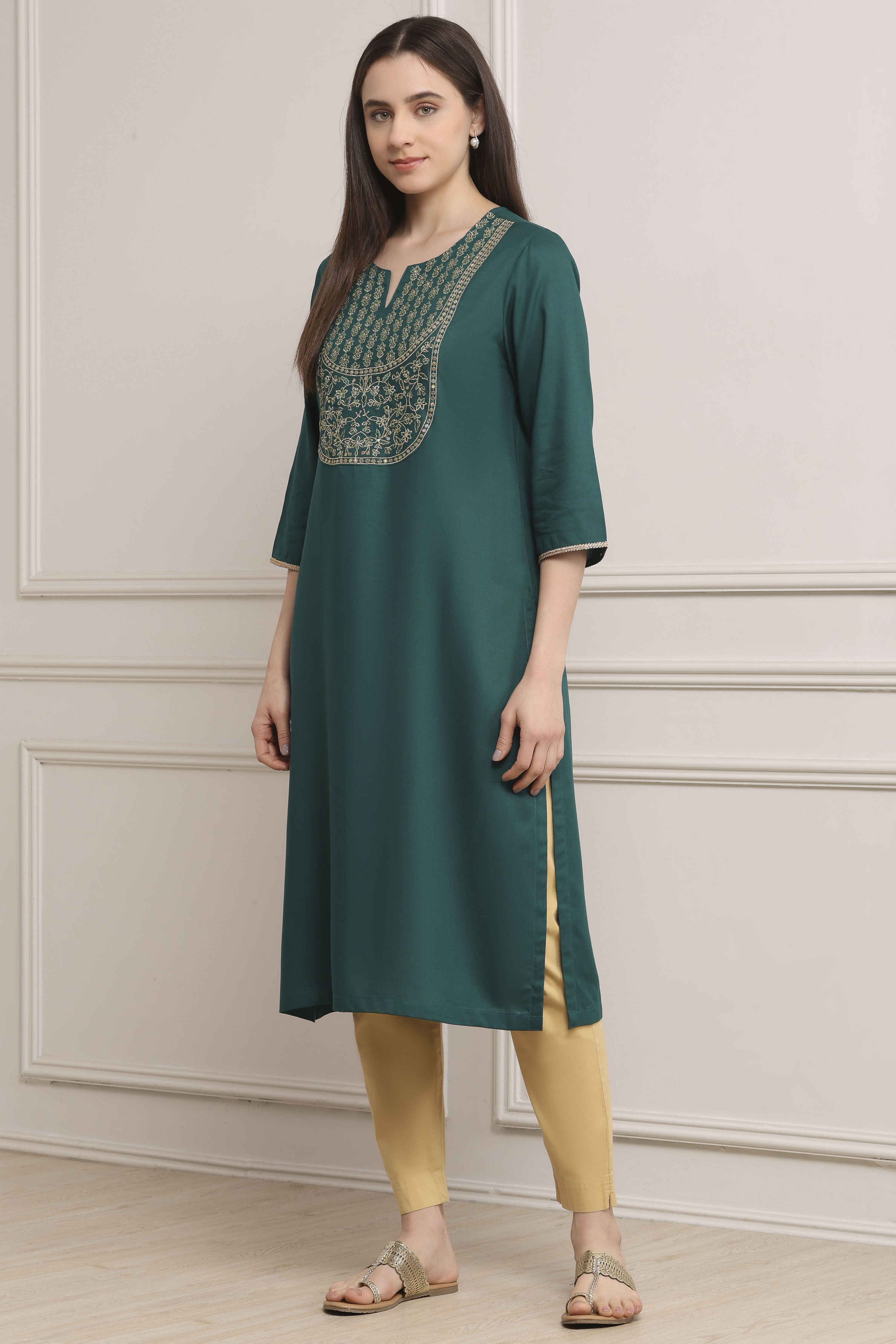 Teal Green Solid Straight Kurta image number 2