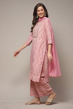 Pink Cotton Blend Straight Kurta Palazzo Suit Set image number 3