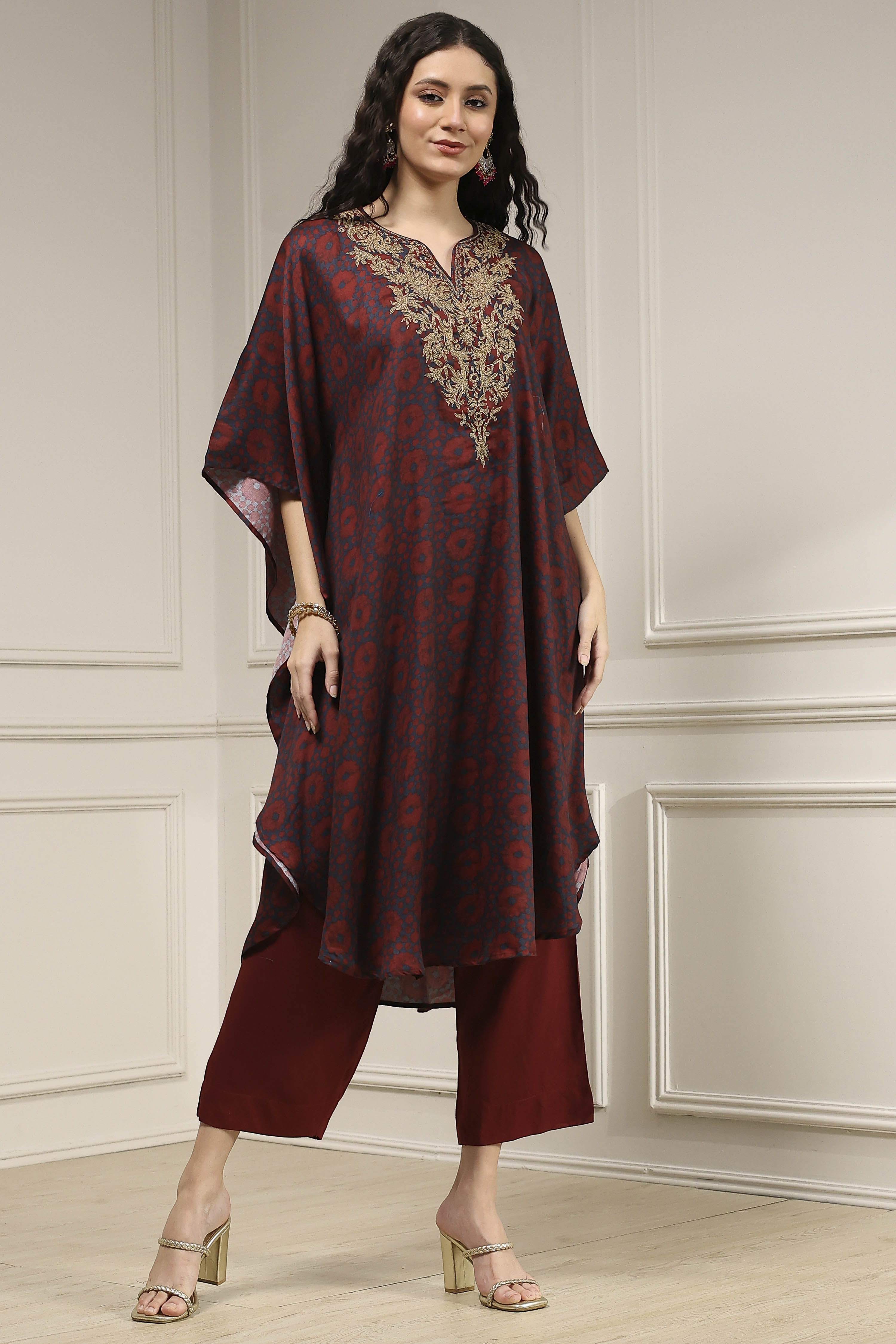 Blue and Brown Satin Printed Kaftan-Style Kurta Set image number 5