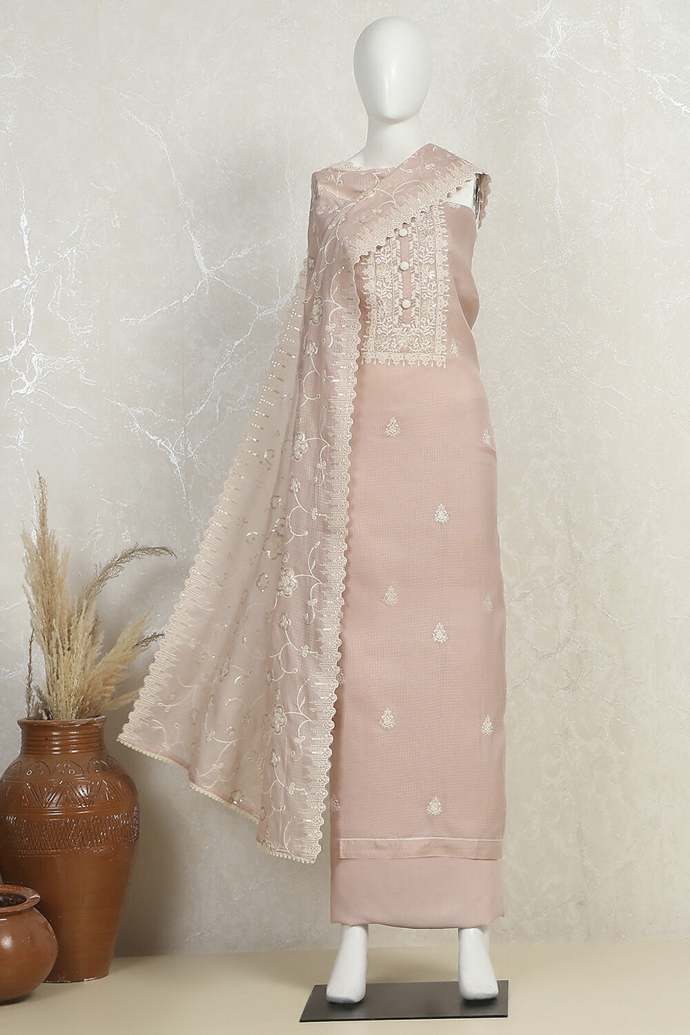 Baby Pink Cotton Embroidered Unstitched Suit Set image number 4