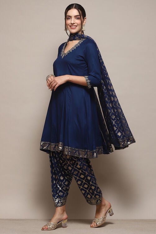 Blue LIVA Kalidar Kurta Salwar Pant Suit Set image number 4