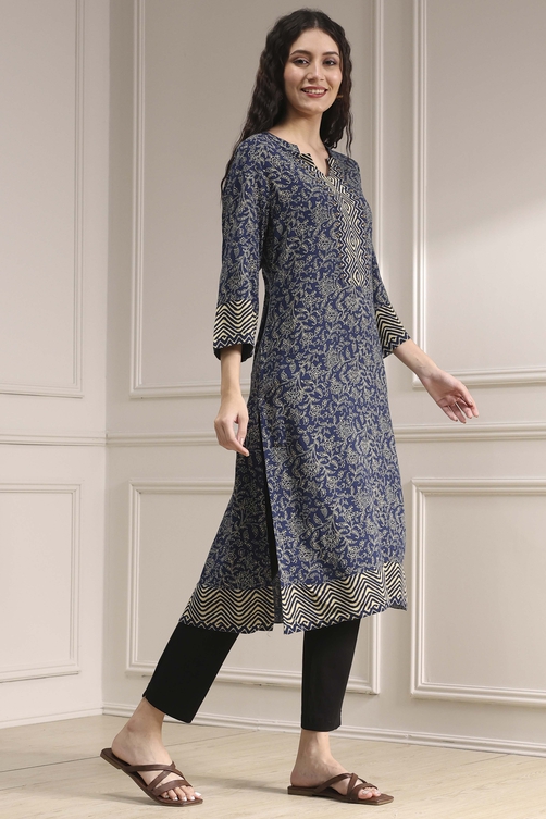 Blue Printed Straight Kurta image number 4