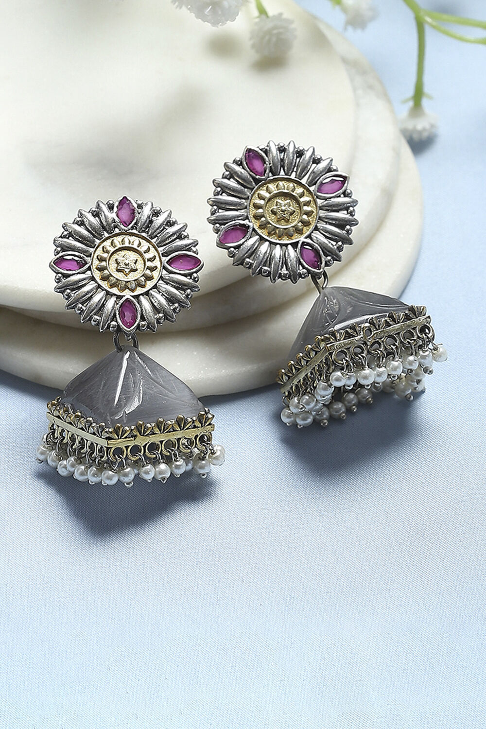 Pink Grey Brass Jhumka image number 0