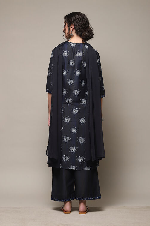 Navy Art Silk Straight Kurta Palazzo Suit Set image number 4