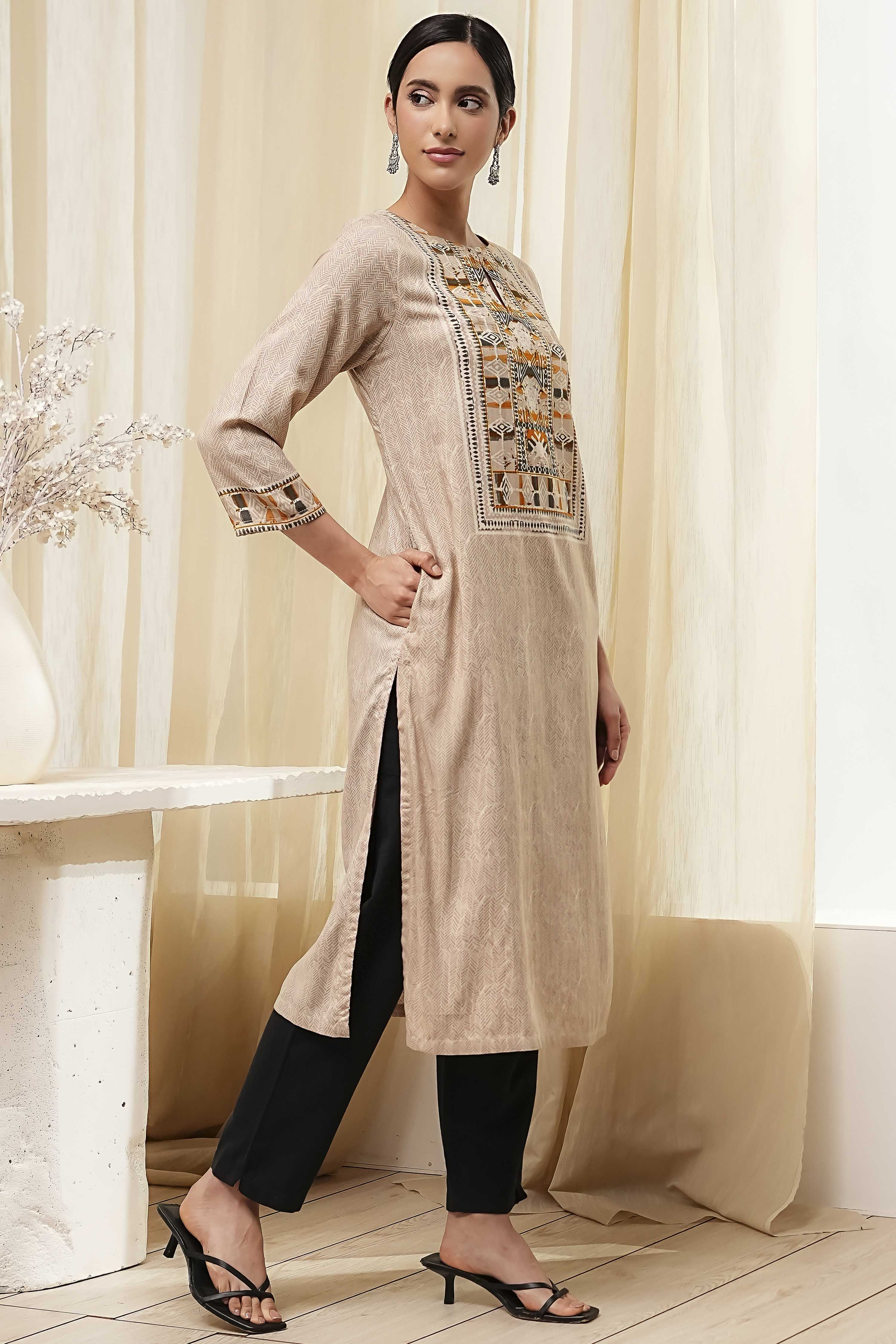 Beige Printed Straight Kurta image number 4